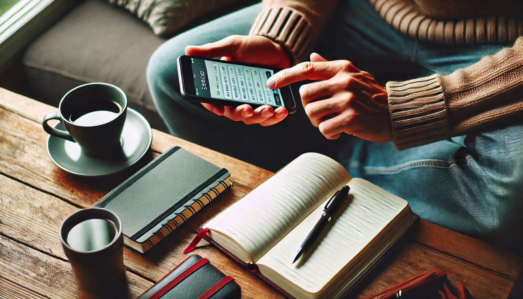 Person using a mobile app to learn new words with a notebook and coffee nearby